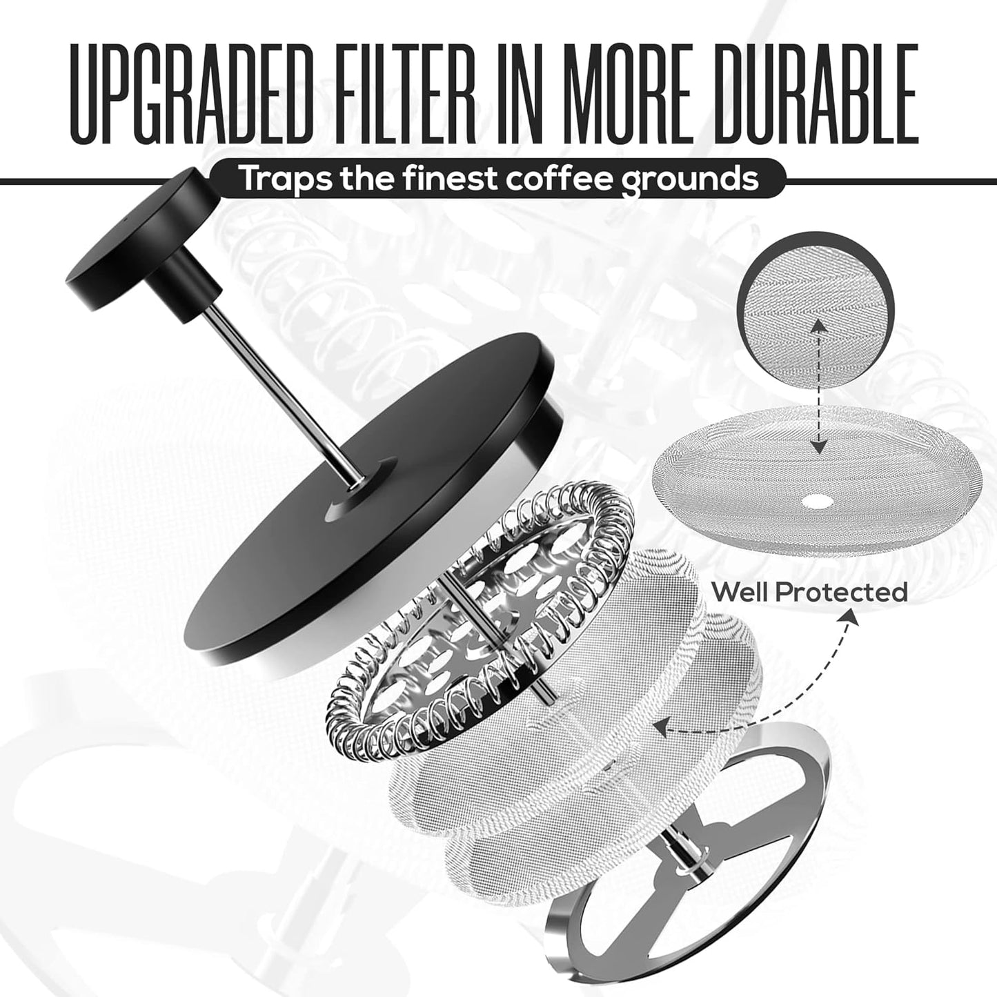 Utopia Kitchen French Press Coffee Maker, Double Wall Insulated Stainless Steel Coffee Press with 4-Level Filtration system, Includes 2 Extra Filters, Rust-Free, Dishwasher Safe (Black, 17 Ounce)