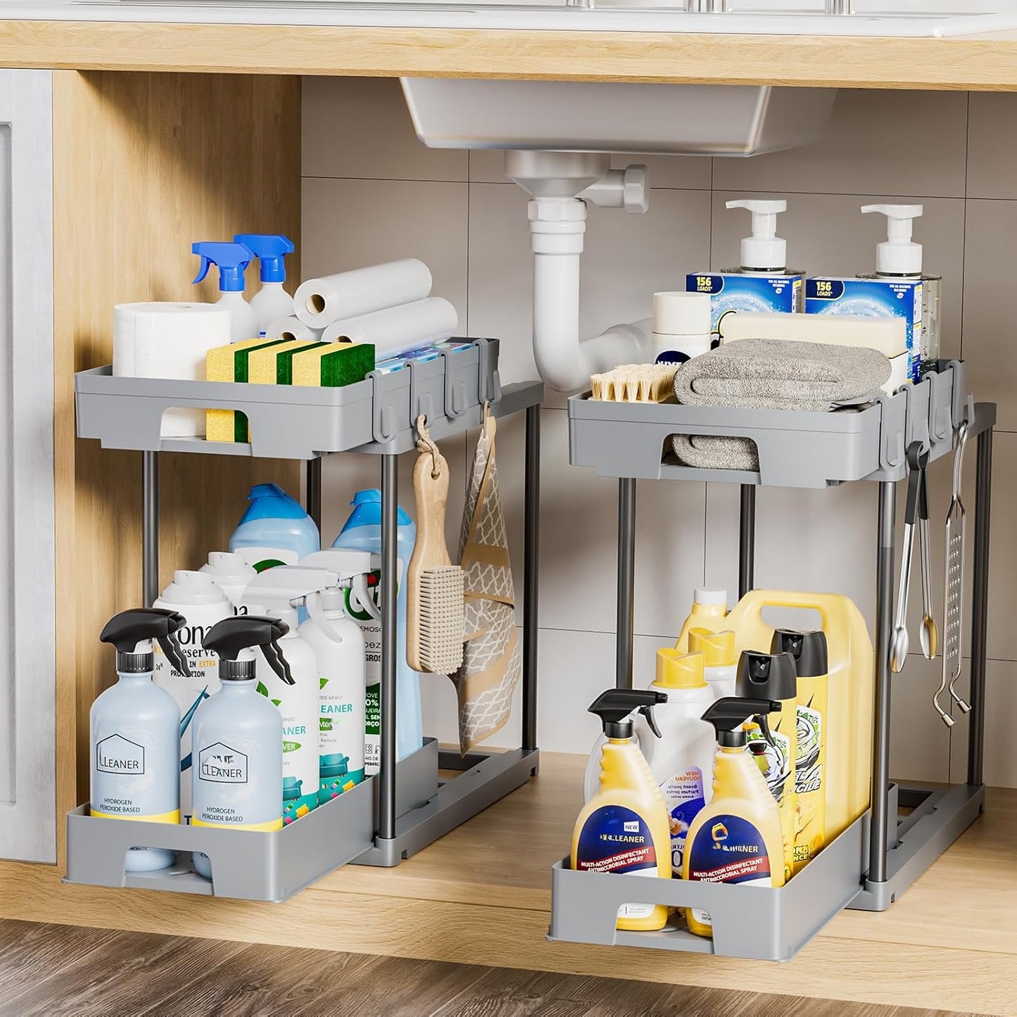 Delamu Under Sink Organizers and Storage, 2 Pack Pull Out Kitchen Bathroom Cabinet Organizer, 2 Tier Grey Under Sink Storage for Bathroom Kitchen