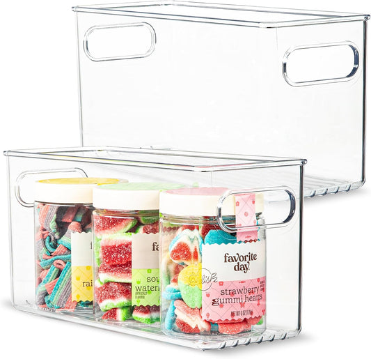 Plastic Food Storage 2 Pack Clear Container Bin with Handles for Organizing Kitchen, Pantry, Refrigerator, Freezer, Pantry, Cabinet, Closet, Bathroom. 10”x4”x5”
