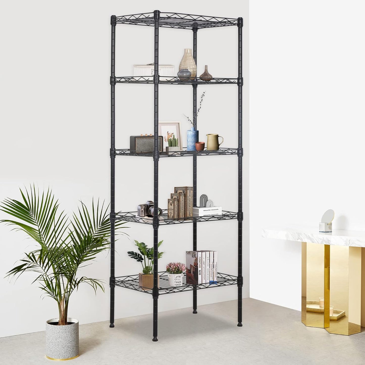FDW 17L x 12W x 48H Wire Shelving 5 Tier Adjustable Metal Shelves NSF Pantry Shelves Storage Rack Shelving Units for Kitchen Garage Small Places Commercial,Black