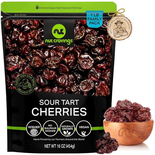 NUT CRAVINGS - Sun Dried Sour Tart Cherries, Lightly Sweetened (16oz, 1 LB) Bulk Dry Fruits Packed Fresh in Resealable Bag - Sweet Healthy Snack, Naturally Grown, Vegan, Kosher