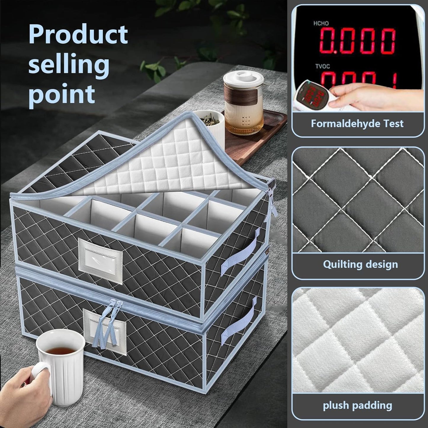 VERONLY Mug and Cup Storage Box with Dividers - 2 Pack China Storage Bin Containers Holds 24 Glassware, Stackable Coffee Mug Organizer Bin and Tea Cup with 2 Metal Zipper,Label and Handles (Grey)