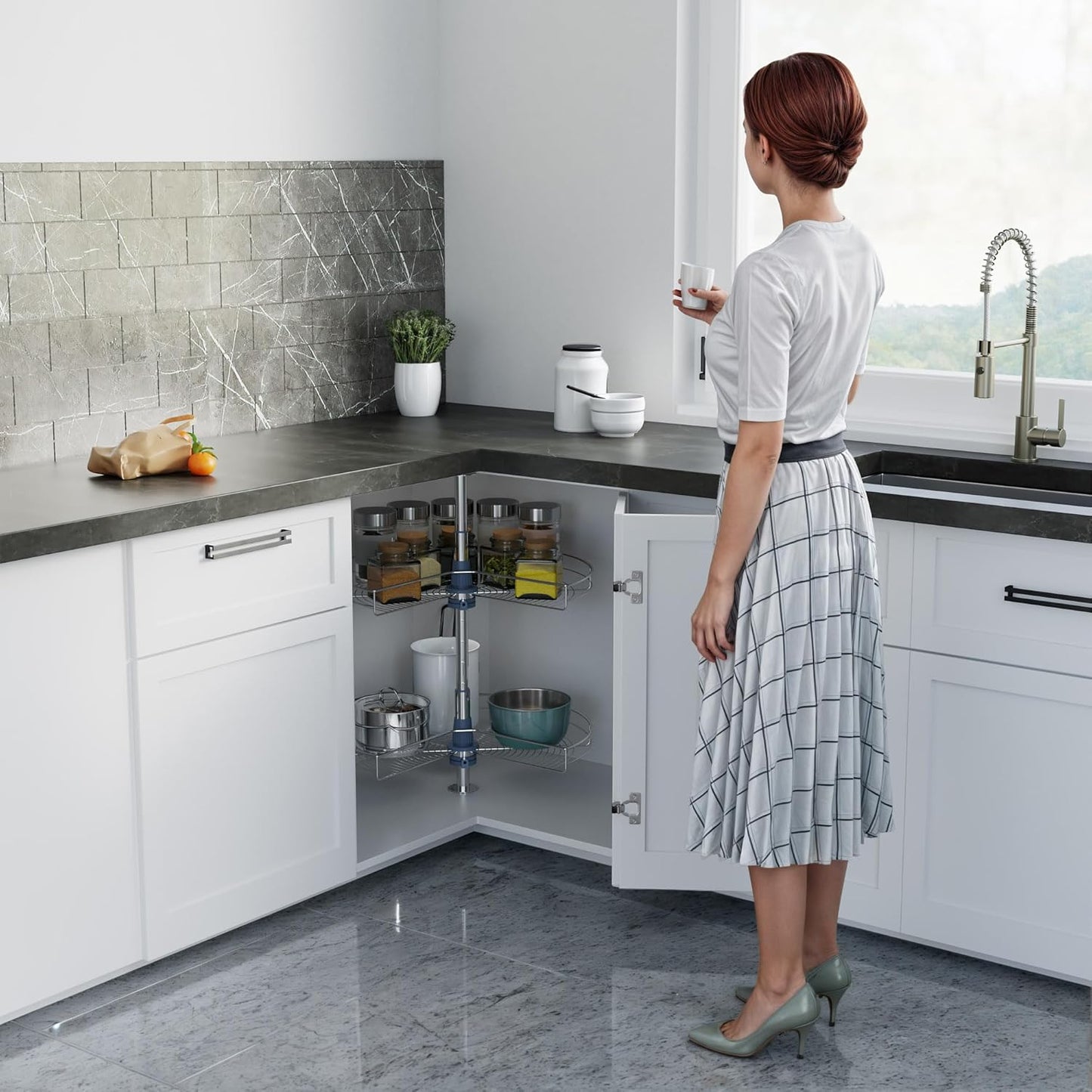 Dowell 32" Kidney Lazy Susan, 2 Shelves, Kitchen Base Corner Cabinet Organizer (Chrome 4001 270 32)