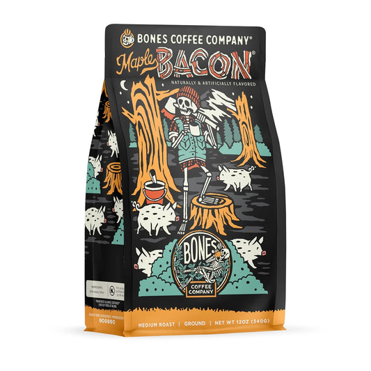 Bones Coffee Company Maple Bacon, Bacon and Maple Syrup Flavored Coffee, Medium Roast Low Acid Arabica Beans Compatible with Auto drip and French Press Coffee Maker, 12 Oz Ground