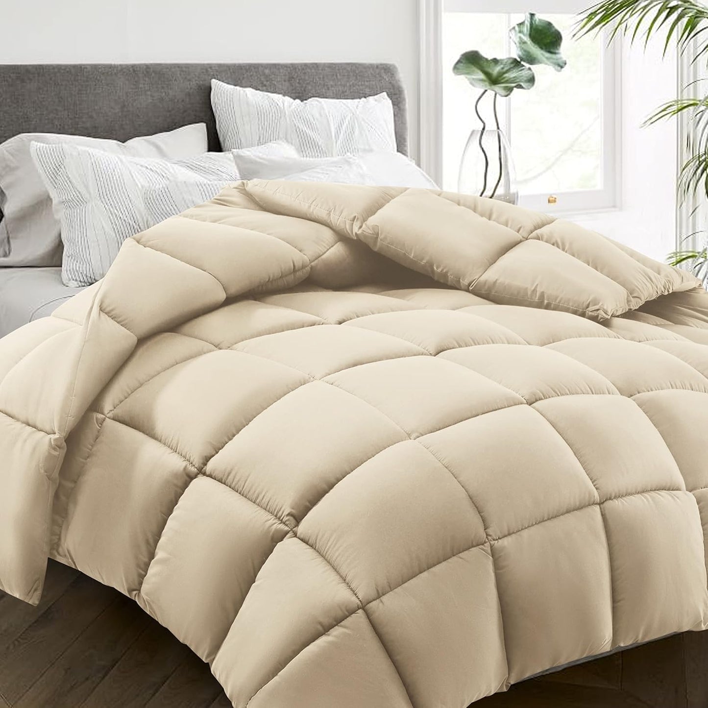HYLEORY All Season Full Size Bed Comforter - Cooling Down Alternative Quilted Duvet Insert with Corner Tabs - Winter Warm - Machine Washable - Beige