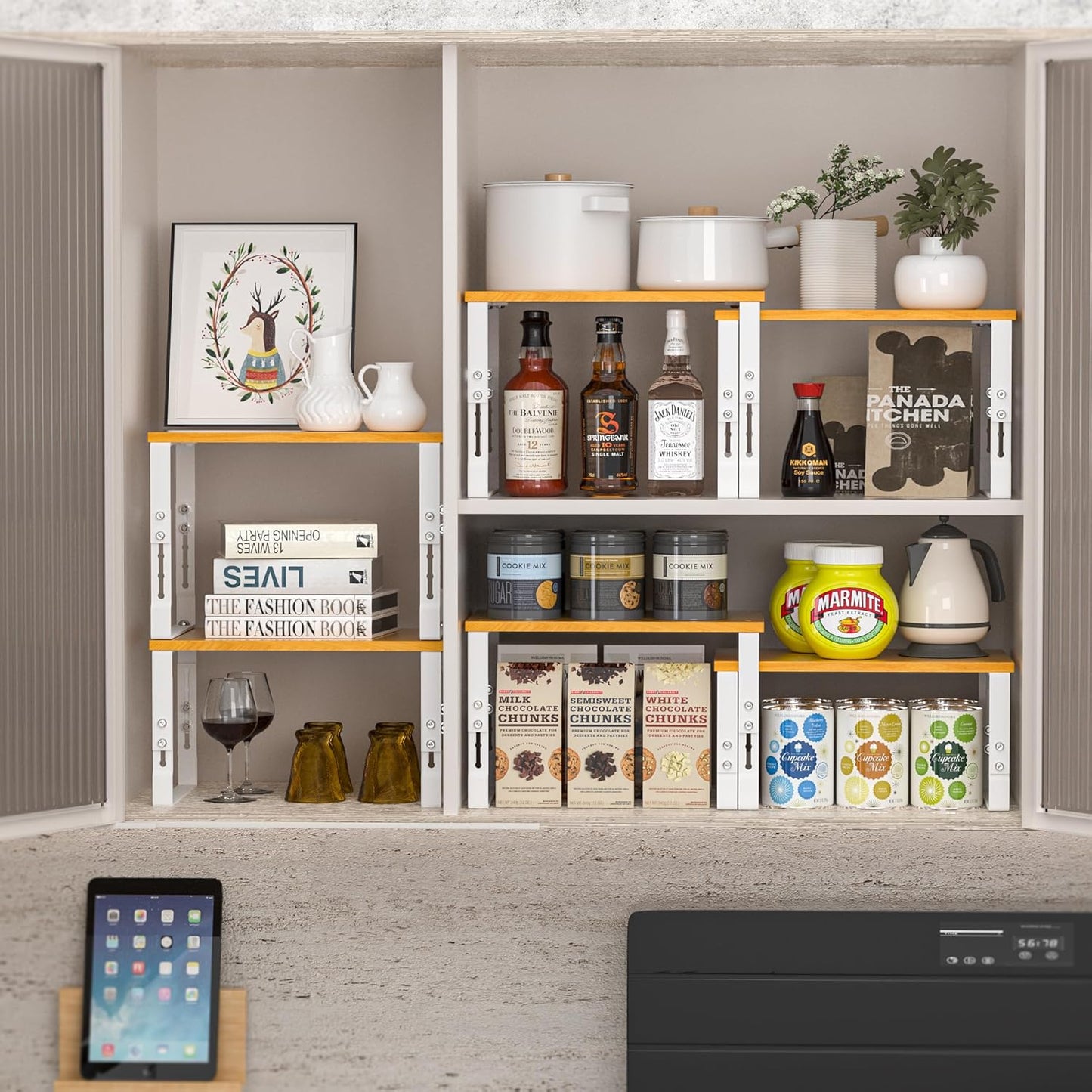 Expandable Kitchen Cabinet Organizer Shelves – Stackable Adjustable Metal and Wood Storage Racks for Countertop, Pantry, Garage Set of 2 Spice Rack – Easy Assembly, Space-Saving(2 Packs/Medium/White)