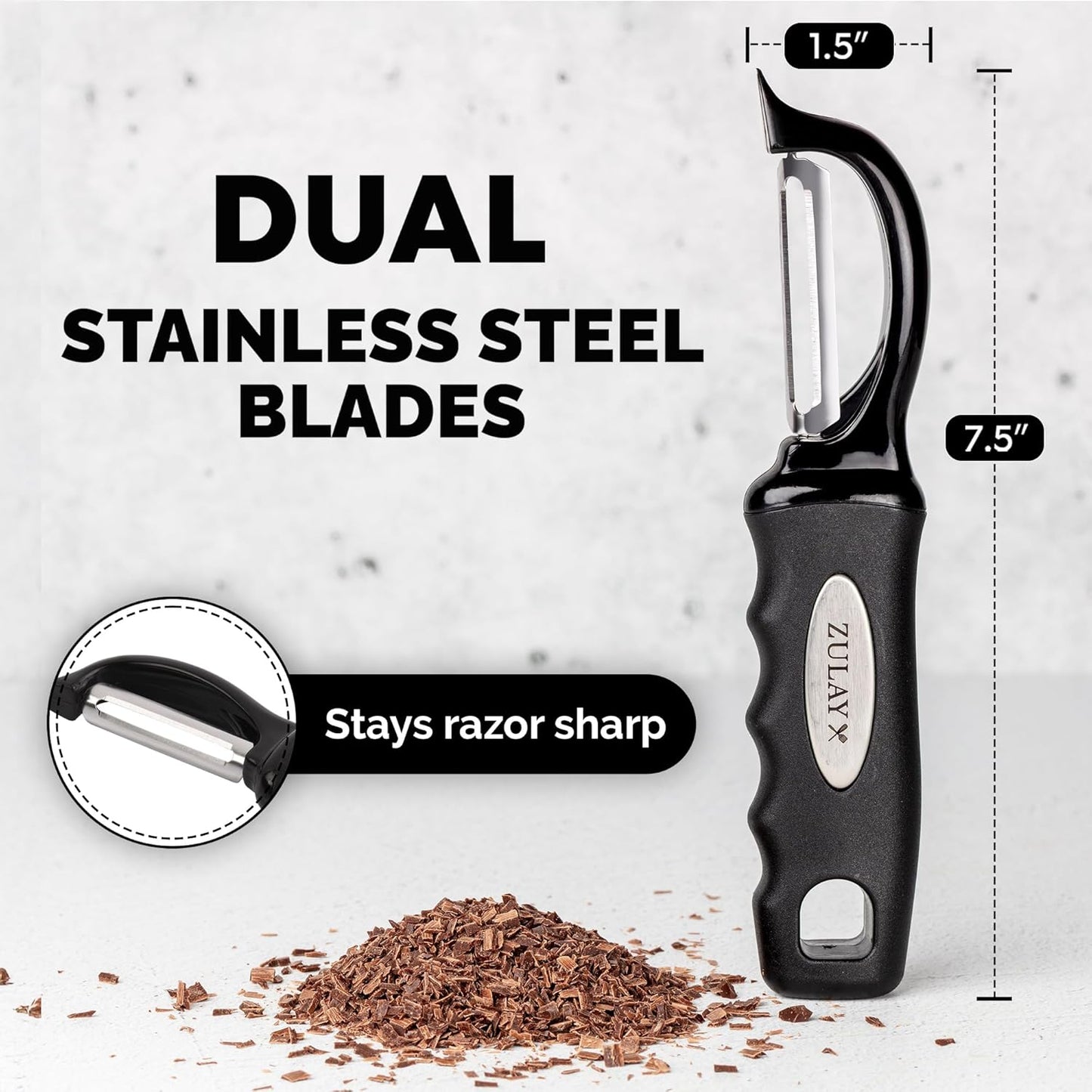 Zulay Kitchen Premium Vegetable Peeler for Kitchen - Swivel Peeler with Razor Sharp Stainless Steel Blades & Strong Ergonomic Handle - Dishwasher Safe, Easy To Use with Blemish Remover - Black