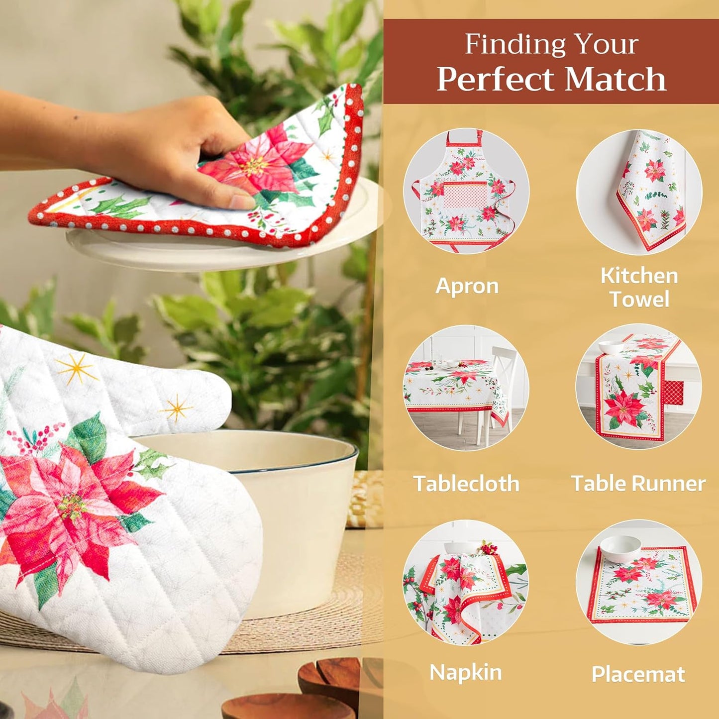 Maison d' Hermine 100% Cotton Oven Mitt & Pot Holder Set (7.5"x13" & 8"x8") Heat Resistant BBQ Cooking Gloves with Loop, Baking, Grilling, Kitchen, Handling Hot Pans (Poinsettia Christmas)