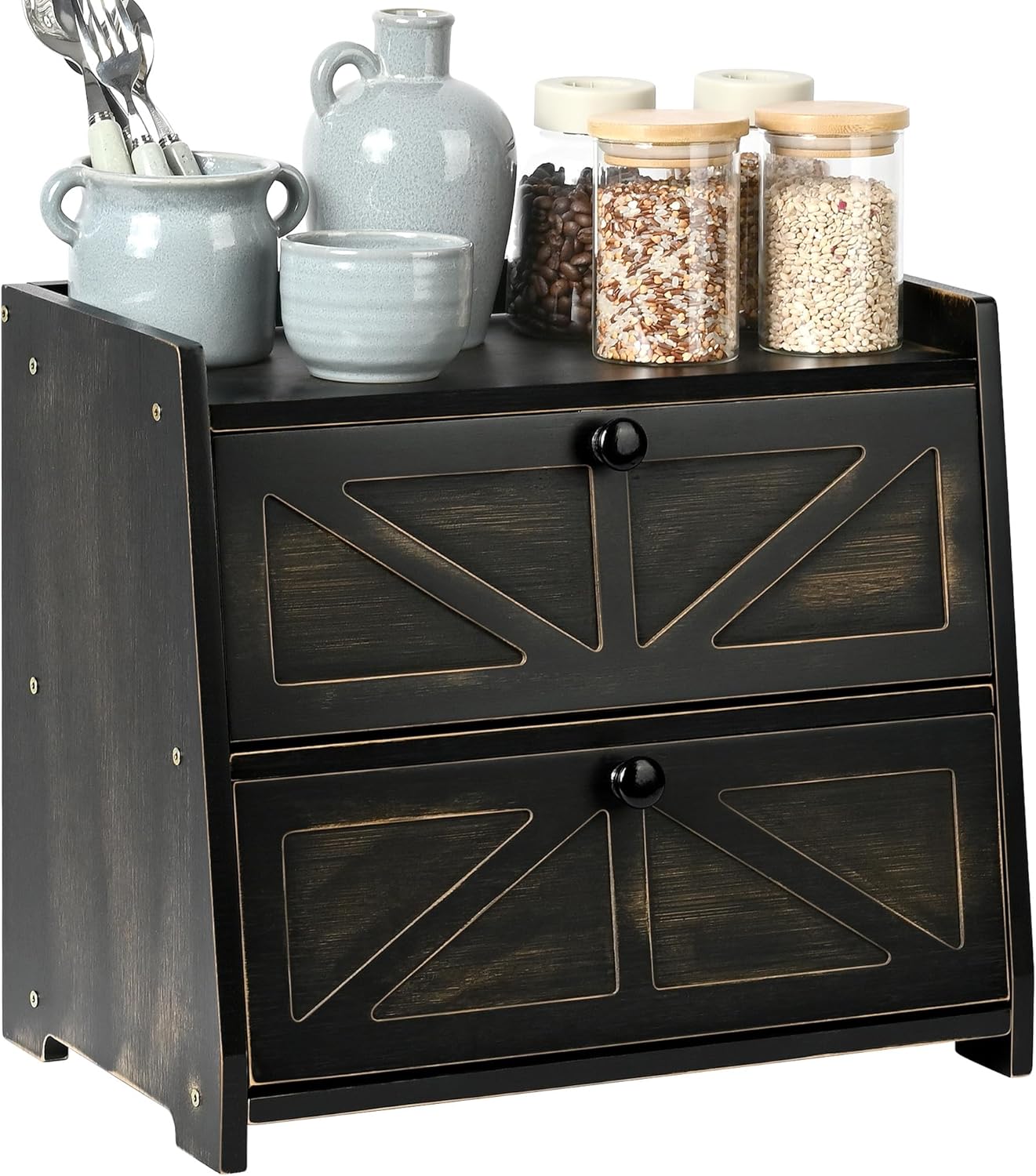 Ollieroo Vintage Double Layer Bread Box for Kitchen Countertop, Bamboo Bread Storage Container, Breadbox for Homemade Bread, Large Capacity Bread Bin(Black)