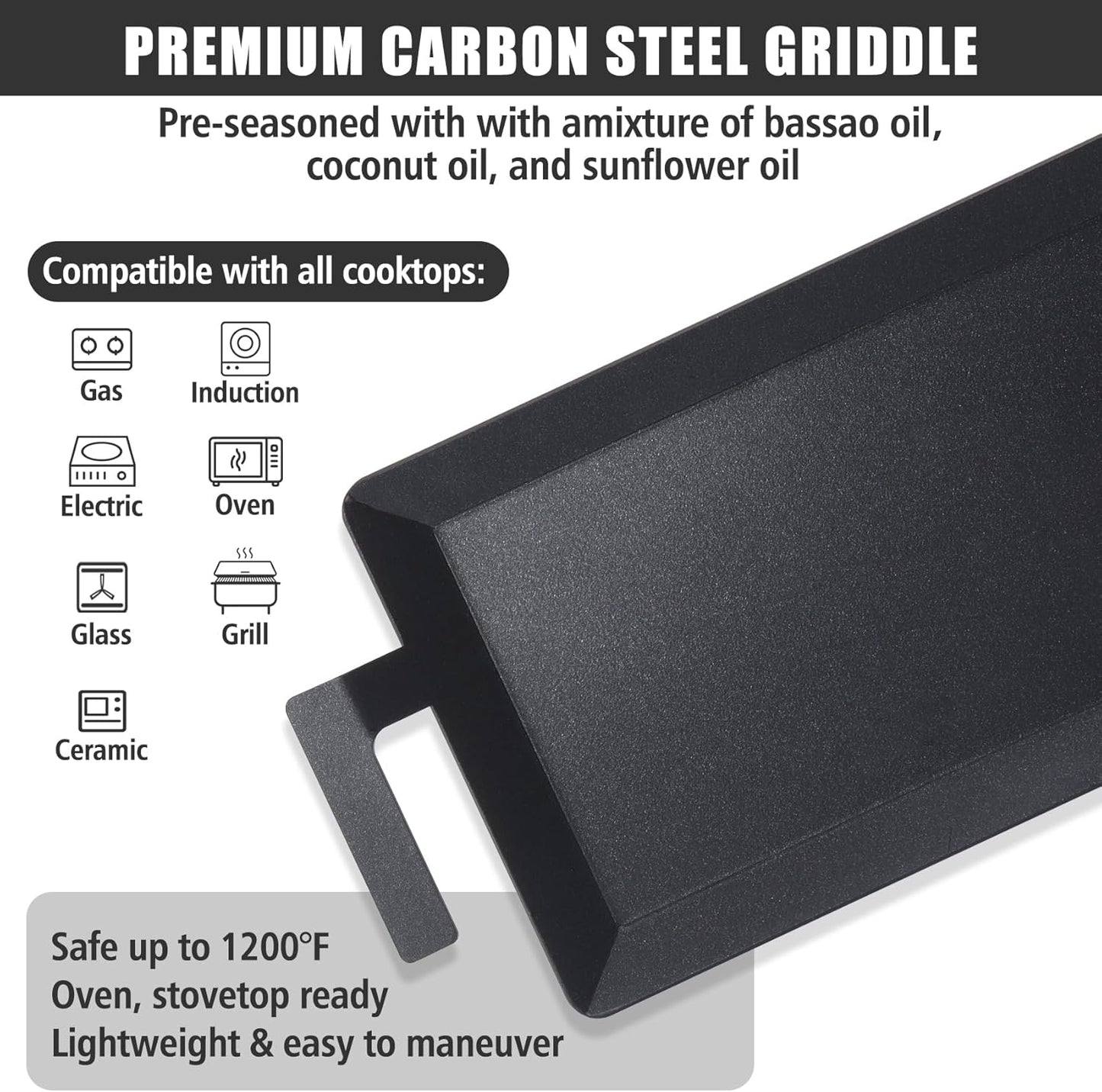 SafBbcue Carbon Steel Griddle Plate for Gas Grill, Carbon Steel Pan for Stove Top, Flat Top Griddle for Outdoor Charcoal Grill, Direct Flame Safe & Induction Compatible, Universal Multi-Use 24" x 10"