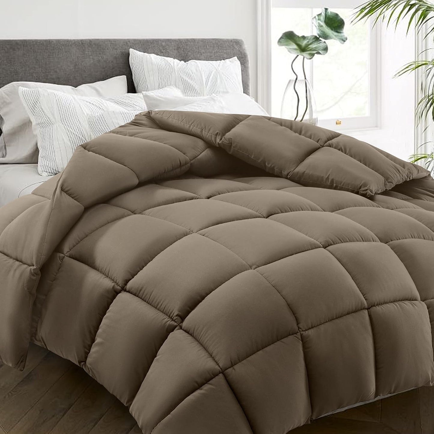 HYLEORY All Season King Size Bed Comforter - Cooling Down Alternative Quilted Duvet Insert with Corner Tabs - Winter Warm - Machine Washable - Taupe