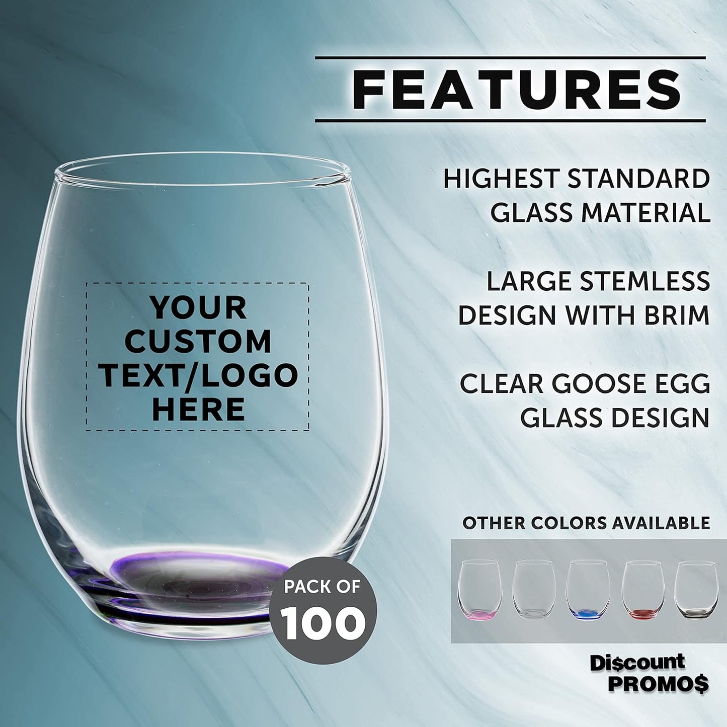 Custom Stemless Wine Glasses in Bulk by ARC Perfection, 15 oz, 100 pack, Personalized Text, Logo, Purple or White Wine Glass Set, Purple