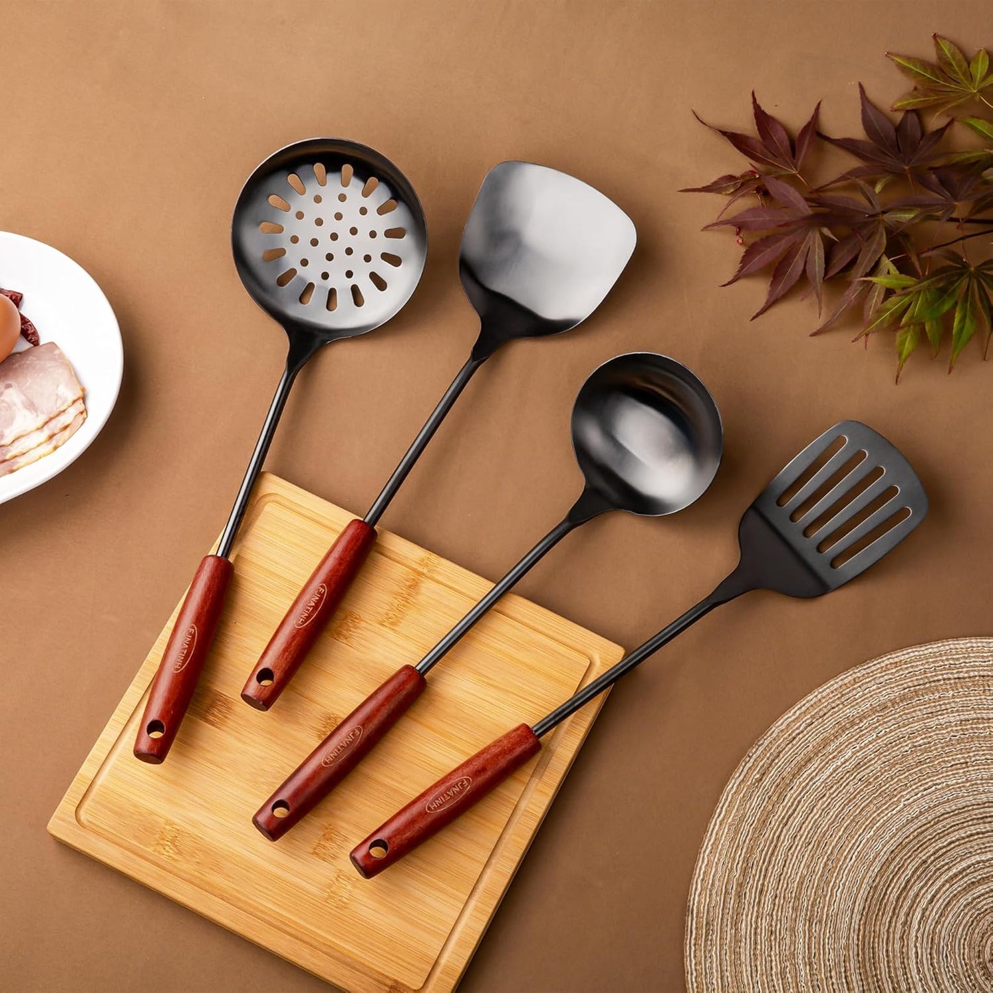 FJNATINH 17inch Wok Spatula and Ladle, Skimmer Spoon, Slotted Turner Spatula Set 304 Stainless Steel Kitchen Utensils Sets, 4-Pieces Cooking Utensils Tools Wok Accessories