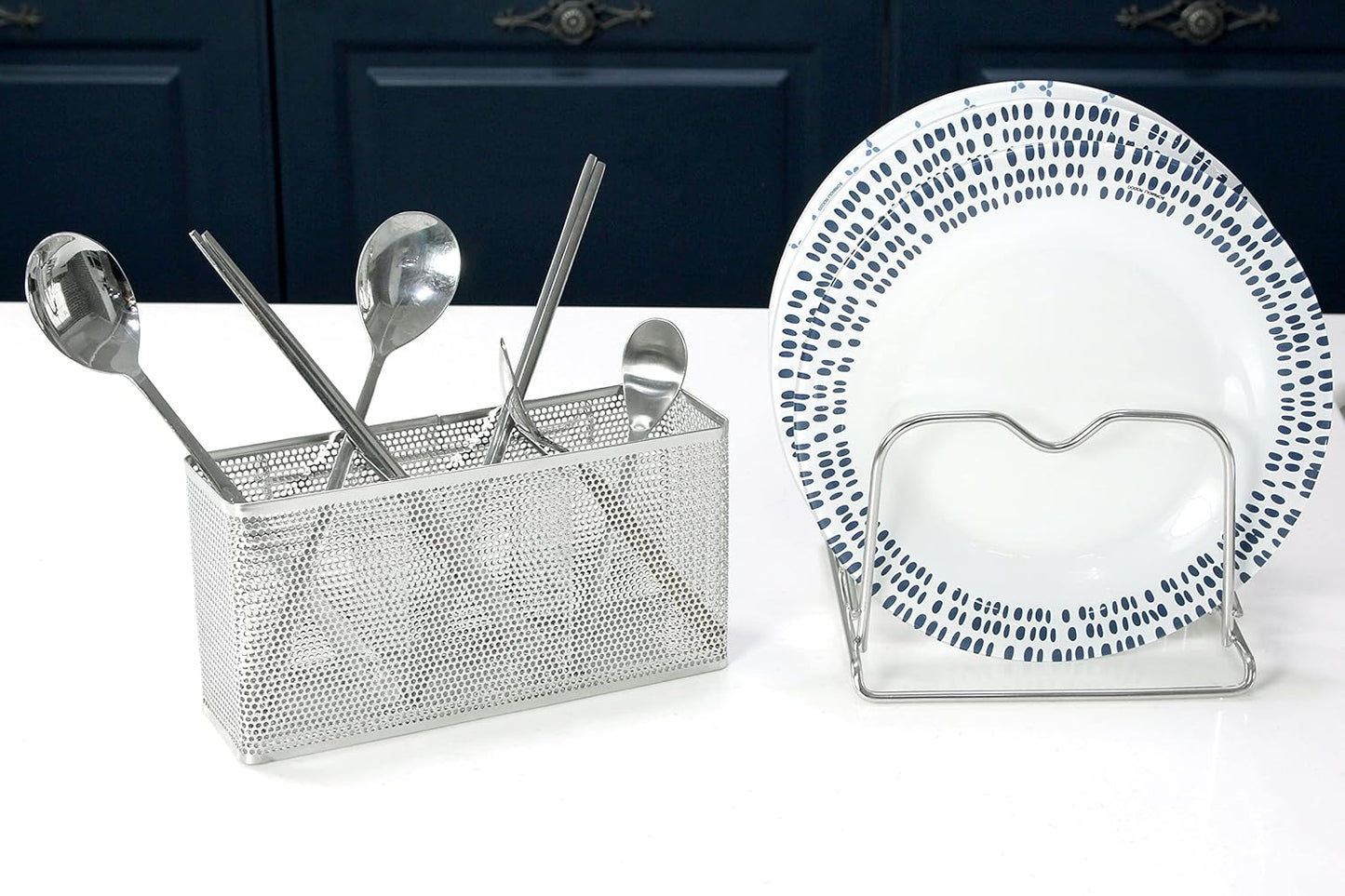 LENITH Kitchen Utensil Chopsticks Perforated Holder with Hooks - 304 Stainless Steel Storage for Organizer Dishwasher Safe (Large Rectangle)