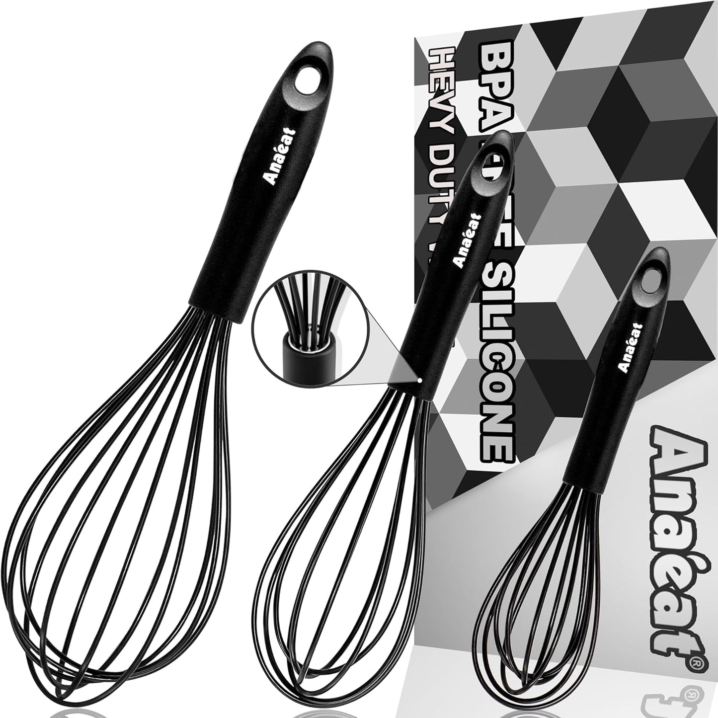 Anaeat Silicone Balloon Whisk, Perfect for Non-Stick Cookware, Milk and Egg Beater Blender, Heat Resistant Kitchen Whisks for Whisking, Cooking, Baking, Beating, Frothing & Stirring (Black)