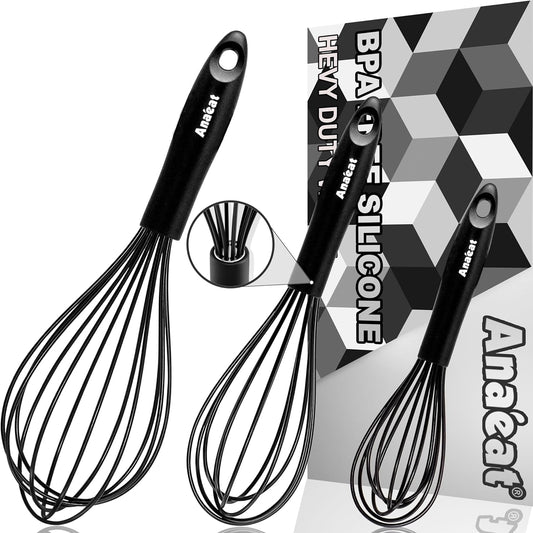 Anaeat Silicone Balloon Whisk, Perfect for Non-Stick Cookware, Milk and Egg Beater Blender, Heat Resistant Kitchen Whisks for Whisking, Cooking, Baking, Beating, Frothing & Stirring (Black)