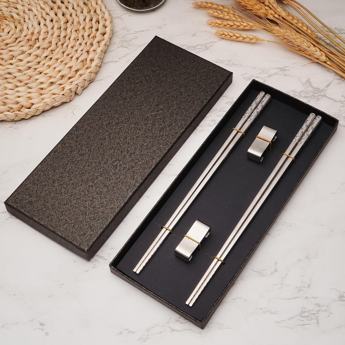 Stainless Steel Chopsticks, Titanium Plated Metal Chopsticks, 9.8" Premium Japanese Korean Color Laser Engraved Cooking Chop Sticks, Dishwasher Safe, Reusable, Anti-slip, Anti-scald, 2 Pairs Gift Set