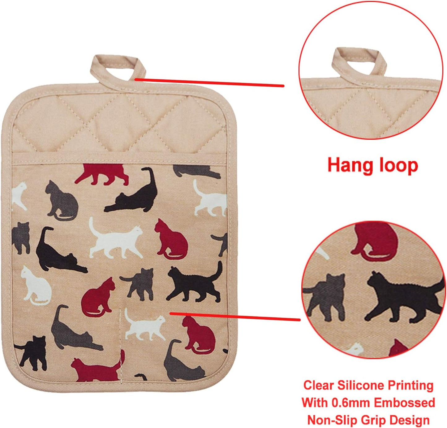 Pot Holders Set of 2 Heat Resistant 480 ℉ Kitchen Non Slip Clear Silicone Printed Comfortable Cotton Lining Women Men Cooking Barbecue Microwave Machine Washable (Cat, Khaki Potholders)