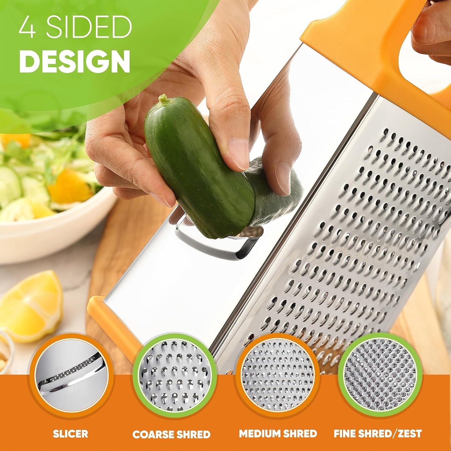 Spring Chef Handheld Stainless Steel XL Parmesan Cheese Grater with Handle - 4 Sided Manual Box Grater for Kitchen - Dishwasher Safe Cheese Shredder for Carrot, Potato, Vegetables, Hash Brown - Mango