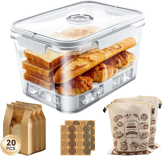 Bread Box Set.11in Bread Storage Box with 2 Linen Bread Bags,and 20 Thick Paper Bags,and 32 Sealed Stickers,Time Recording Bread Keeper for Homemade Breads,Toast,and Cookies.