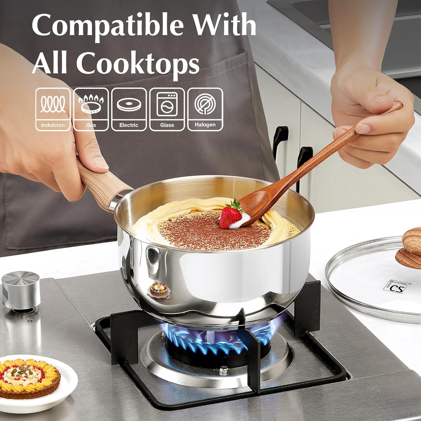 KOCH SYSTEME CS Stainless Steel Saucepan, 3 Quart Sauce Pan with Lid & Cool-Touch Bakelite Handle, 3 QT Saucepan with Lid, Induction Sauce Pan, Stainless Steel Pot 3 Quart