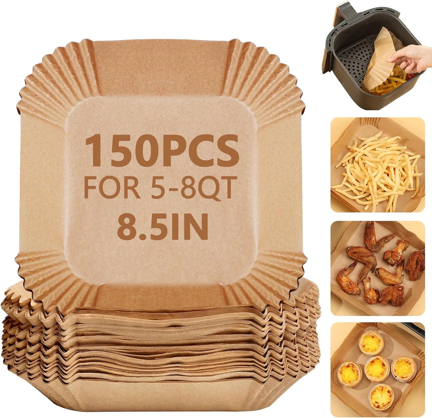 150 Pack 8.5 Inch Air Fryer Liners, Parchment Paper Sheets for Air Fryer Basket, Non-Stick, Disposable, Unbleached, Heat Resistant, Fits 5-8QT Air Fryers, Oil-Free & Healthy Cooking(Bottom size: 7in)