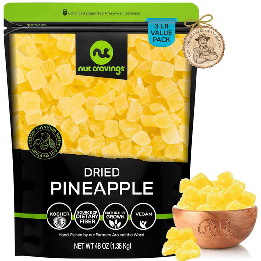 NUT CRAVINGS - Sun Dried Pineapple Chunks, Lightly Sweetened (48oz, 3 LB) Bulk Dry Fruits Packed Fresh in Resealable Bag - Sweet Healthy Snack, Naturally Grown, Vegan, Kosher