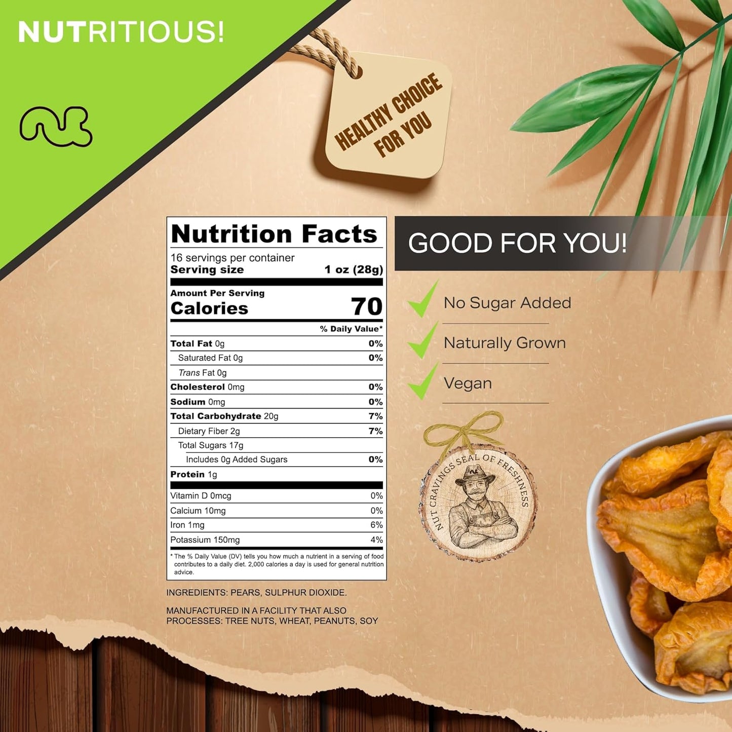 NUT CRAVINGS - Sun Dried California Pears, No Sugar Added (16oz, 1 LB) Bulk Dry Fruits Packed Fresh in Resealable Bag - Sweet Healthy Snack, Naturally Grown, Vegan, Kosher