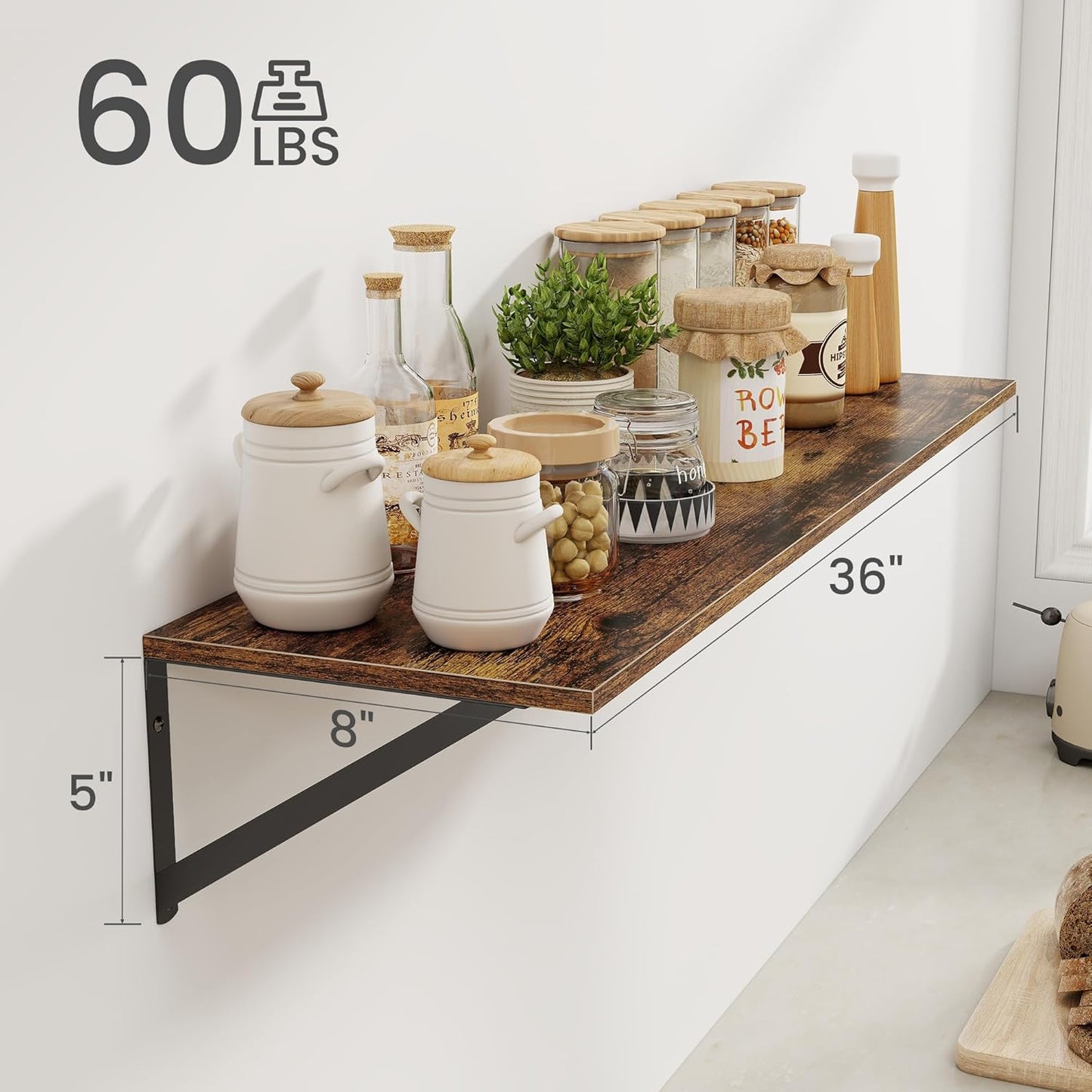 Heimlove Deep Floating Shelves for Wall, 36W x 8D Wood Wall Shelves Set of 2, Wide Floating Bookshelf for Living Room, Kitchen, Office, Bedroom and Decor Storage, with Metal Bracket - Rustic Brown