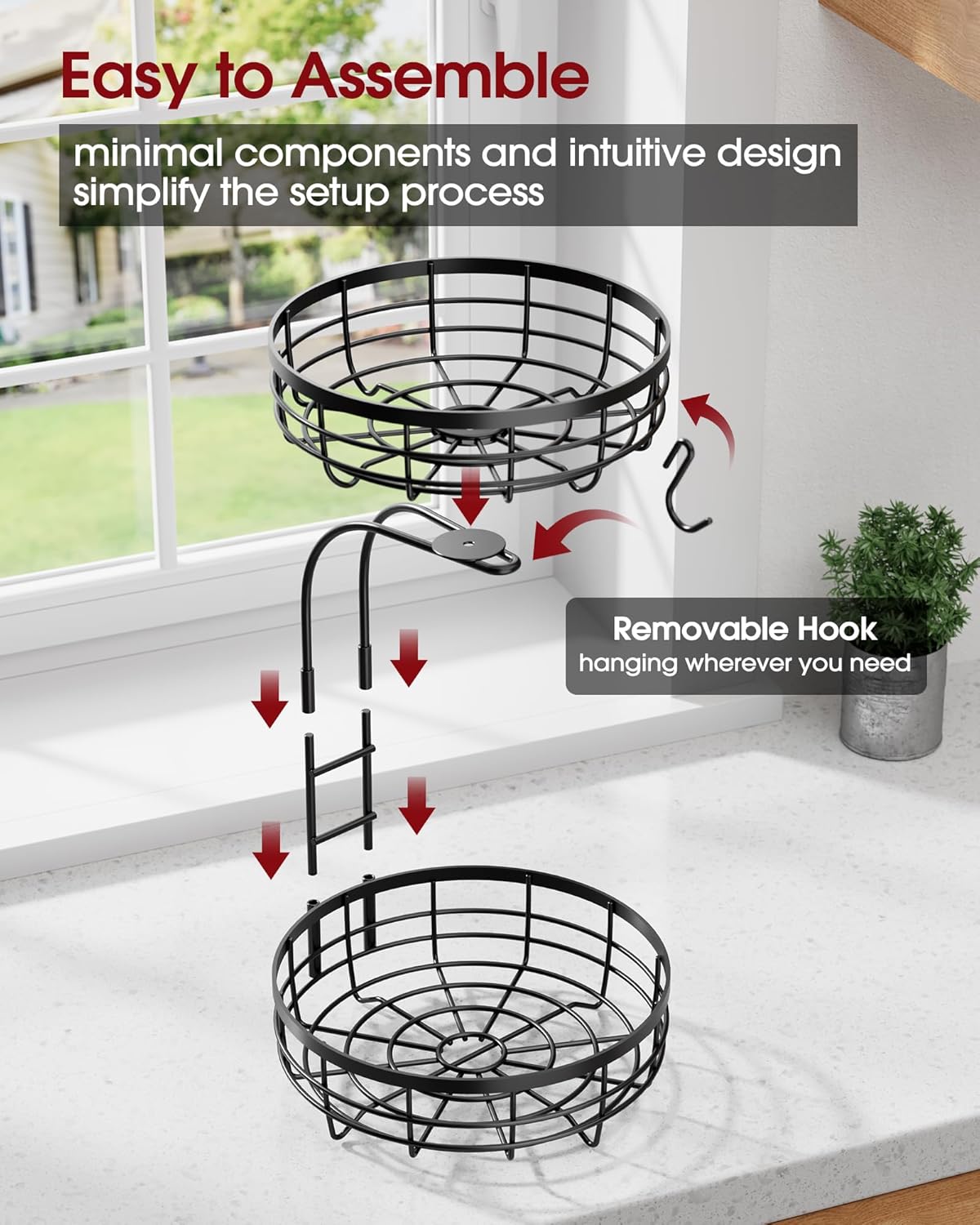 Fruit Basket for Kitchen Counter - 2-Tier Large Capacity Fruit Bowl with Detachable Banana Hanger, Rust-Proof Metal Fruit Holder for Vegetables, Bread, Toiletry,10" D x 10" W x 14" H, Black