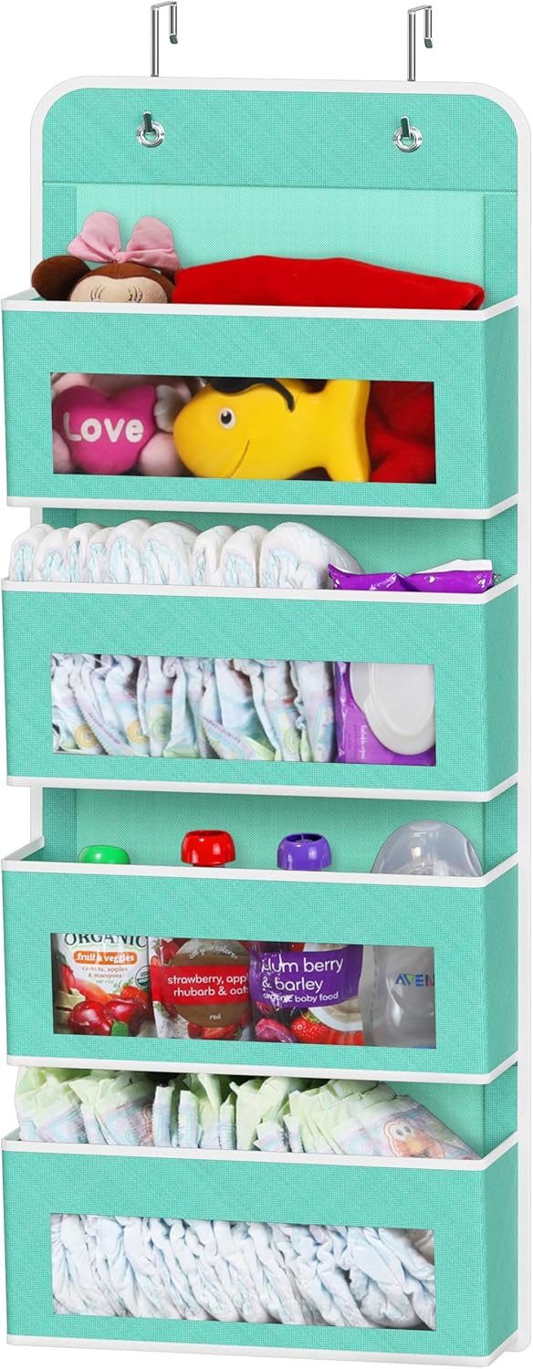Simple Houseware 4 Clear Window Pocket Over Closet Door Storage Hanging Organizer for Bedroom, Bathroom, Pantry, Turquoise