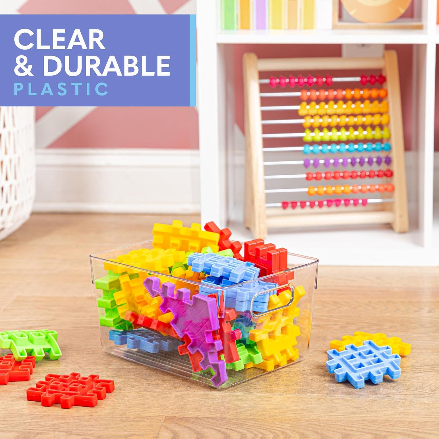 Plastic Food Storage 2 Pack Clear Container Bin with Handles for Organizing Kitchen, Pantry, Refrigerator, Freezer, Pantry, Cabinet, Closet, Bathroom. 10”x7.5”x5.3”