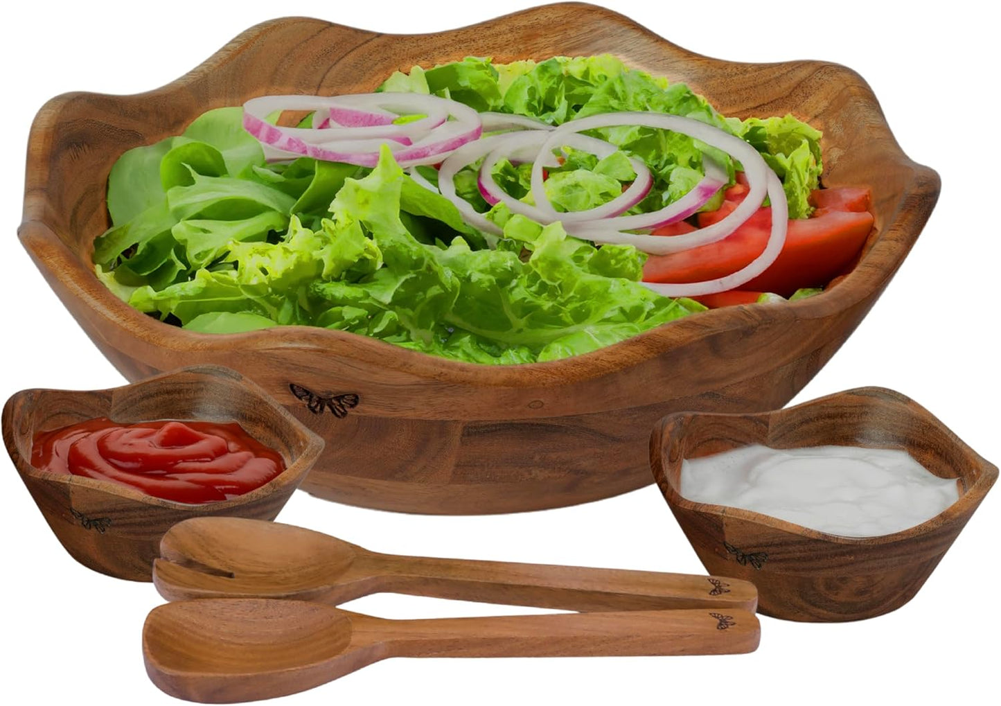 Melvvi Large Wooden Salad Bowl Set with 2 Small Bowls and 2 Serving Utensils | 12" & 6" Acacia Wood Bowls for Food | Great Gift for Kitchen & Dining (Natural Set of 5) (Natural Set of 5)