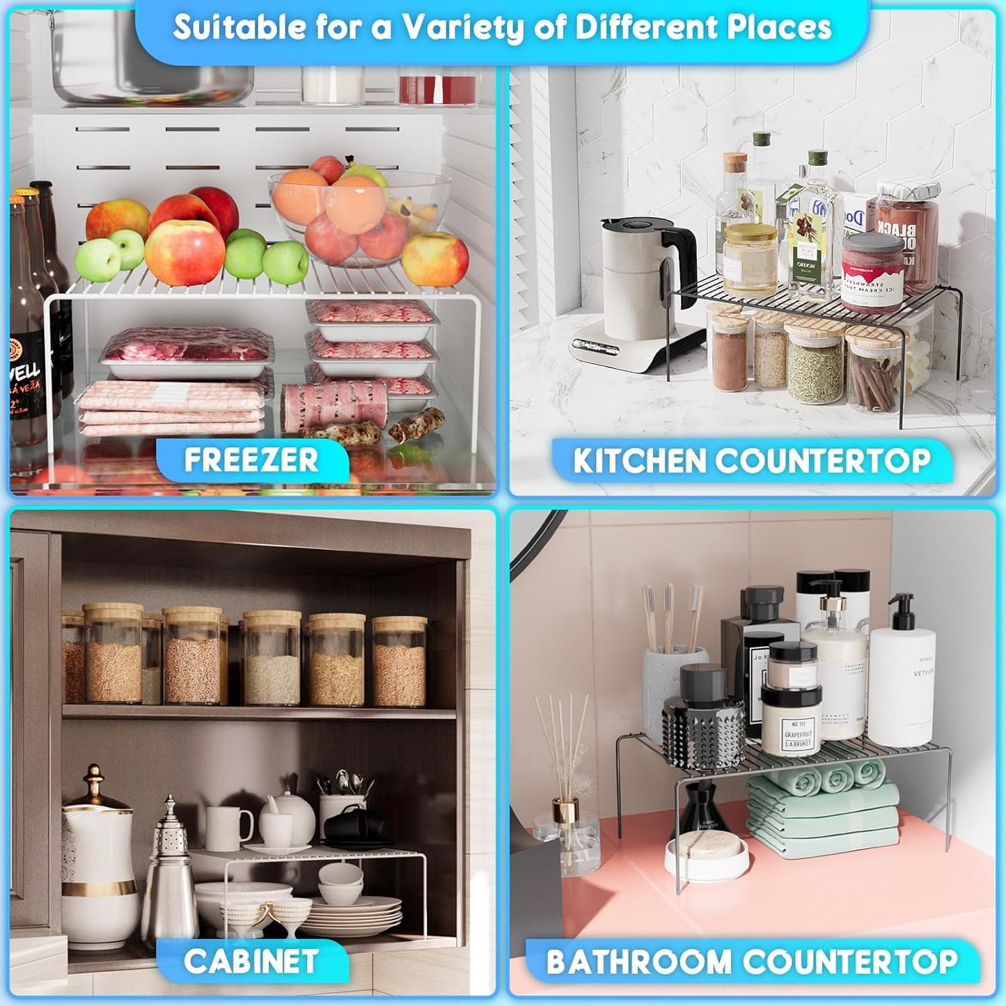 Large(15.7 x 9.4 inch)White Cabinet Storage Shelf Rack Set of 2, Rustproof Metal Wire Kitchen Counter Organizers and Storage, Spice Organization for Cabinet, Plate, Dish, Pantry, Bathroom, Fridge