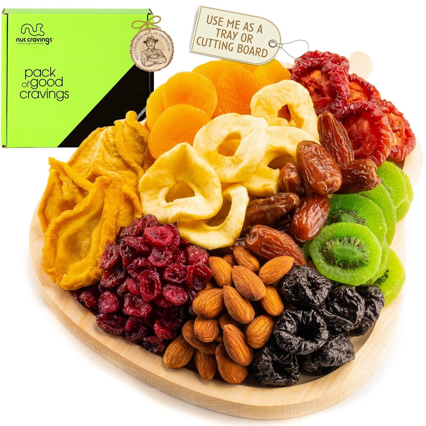 NUT CRAVINGS - Rosh Hashana & Shana Tova Dried Fruit & Mixed Nuts Gift Basket in Wooden Pear-Shaped Tray (9 Assortments) Food Arrangement, Healthy Snack Care Package, Food Assortments