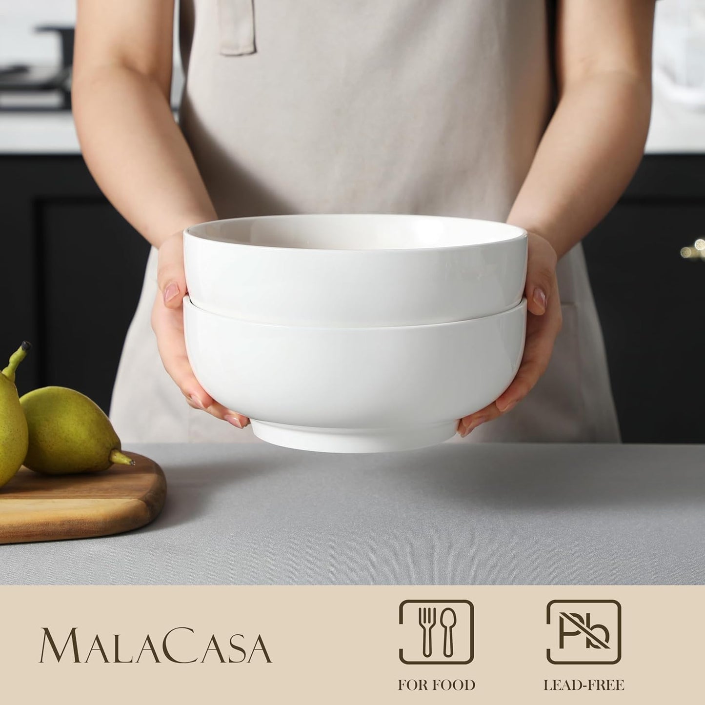 MALACASA Large Serving Bowls - 60 OZ (8") Salad Bowls Set of 2, White Mixing Bowls for Kitchen, Soup, Pasta and Dinner, Large Salad Bowls Set, Dishwasher & Oven Safe, Series REGULAR
