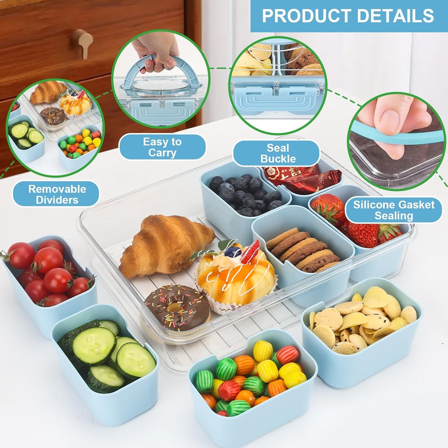shopwithgreen Divided Serving Tray with Lid and Handle, Portable Snackle Box Charcuterie Container for Party, Veggies, Fruits, Nuts, Candy, Food Tray Platter Snack Box for Entertaining, Picnic, Blue