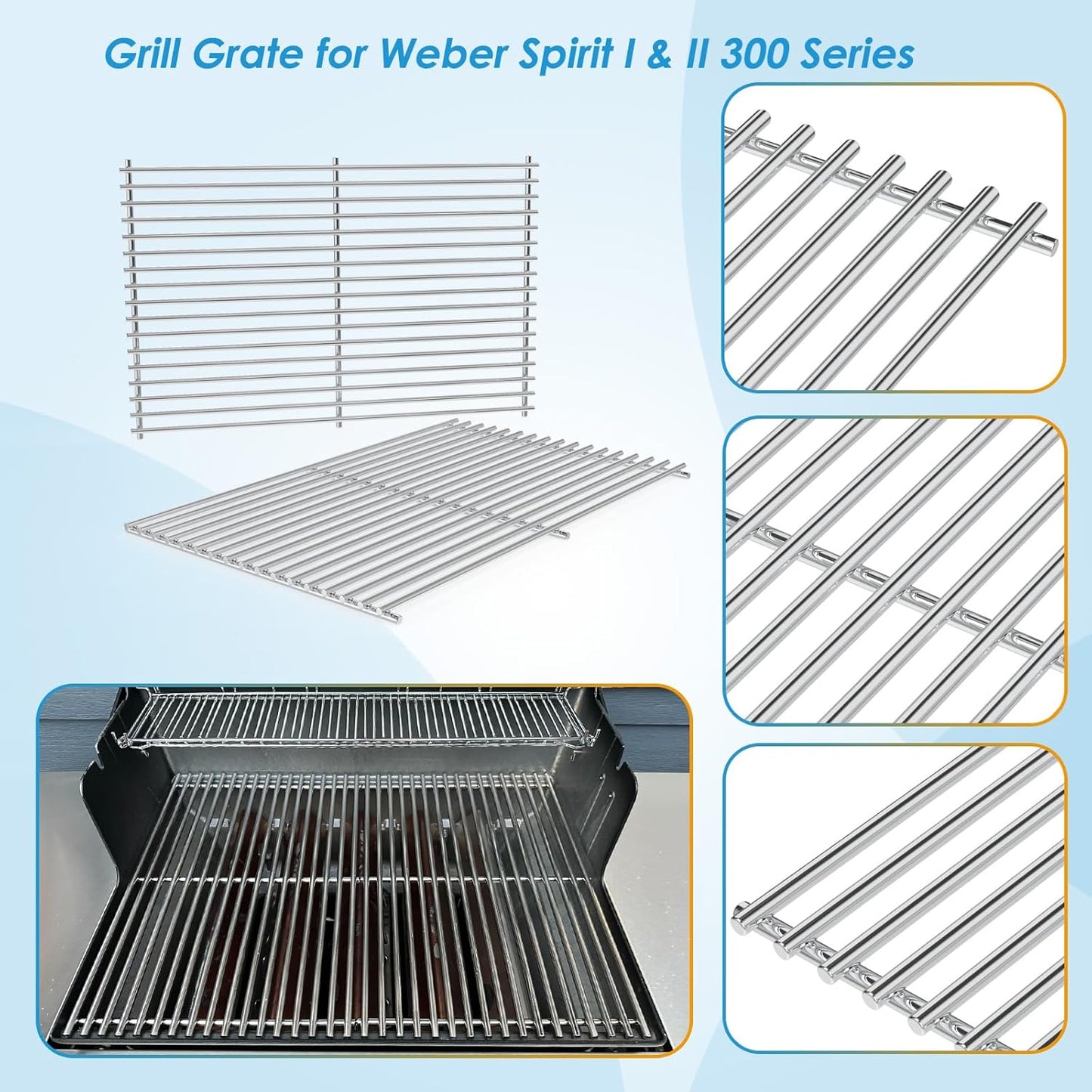 7639 17.5" Grill Grates Replacement for Weber GS4 Spirit II 300 Series, for Weber Spirit 300 Grill Grates, Genesis Silver/Gold/Platinum B/C, Genesis 1000-5000 for Weber Grill Grates