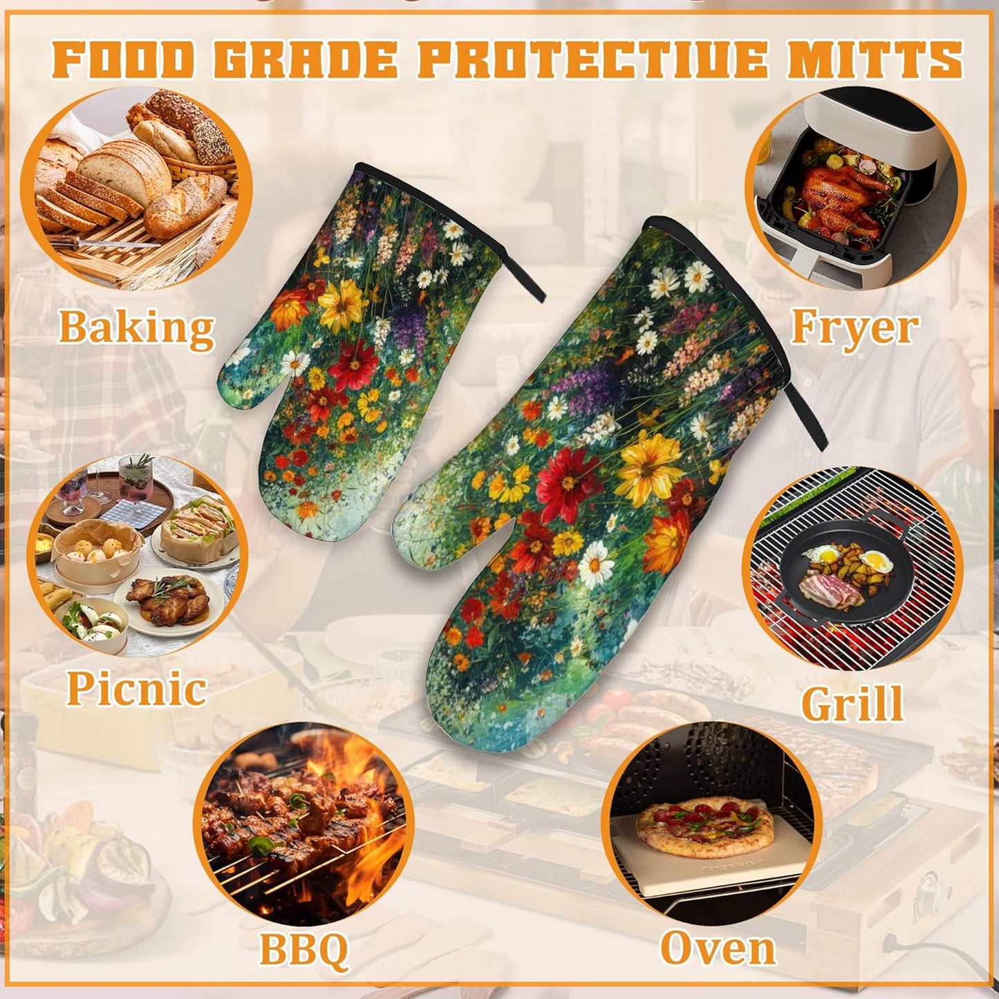Vintage Flower Fields Oven Mitts and Pot Holders,Heat Resistant Oven Mitts Gloves and Pot Holder for Home Kitchen Decorations Cooking Baking BBQ Gifts,Set of 4