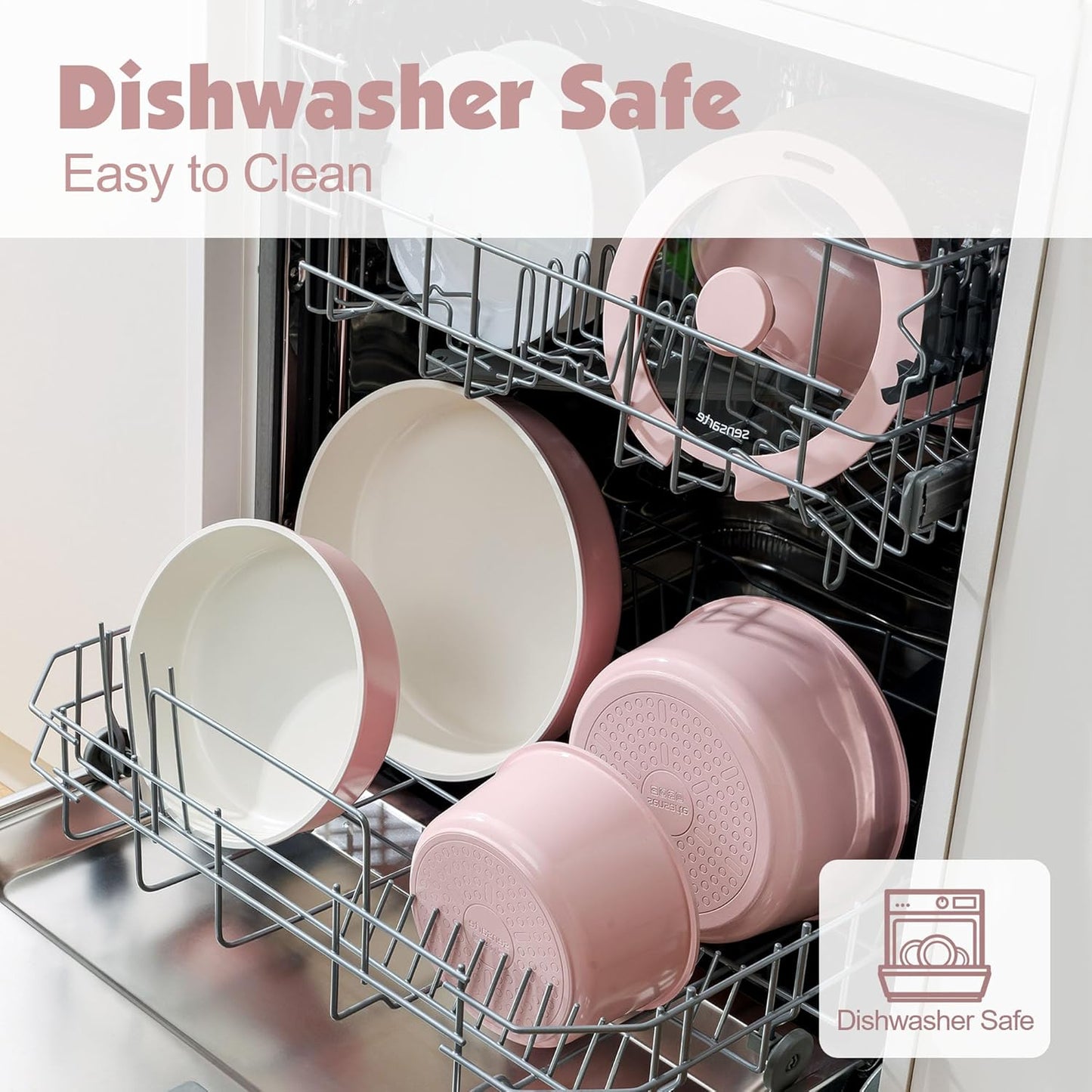 SENSARTE 17 Piece Ceramic Pots and Pans Set, Nonstick Detachable Handle Cookware, Induction Kitchen Cookware Set with Removable Handle, Dishwasher ＆ Oven Safe (Pink)