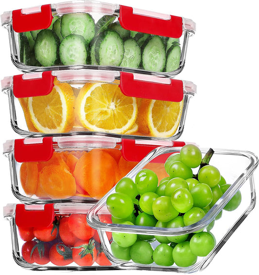 VERONES 5 Pack 36 OZ Glass Meal Prep Containers, Airtight Glass Lunch Containers Set, Glass Food Storage Containers with Lids,Exclusive of BPA, for Microwave, Oven, Freezer & Dishwasher Friendly,Red