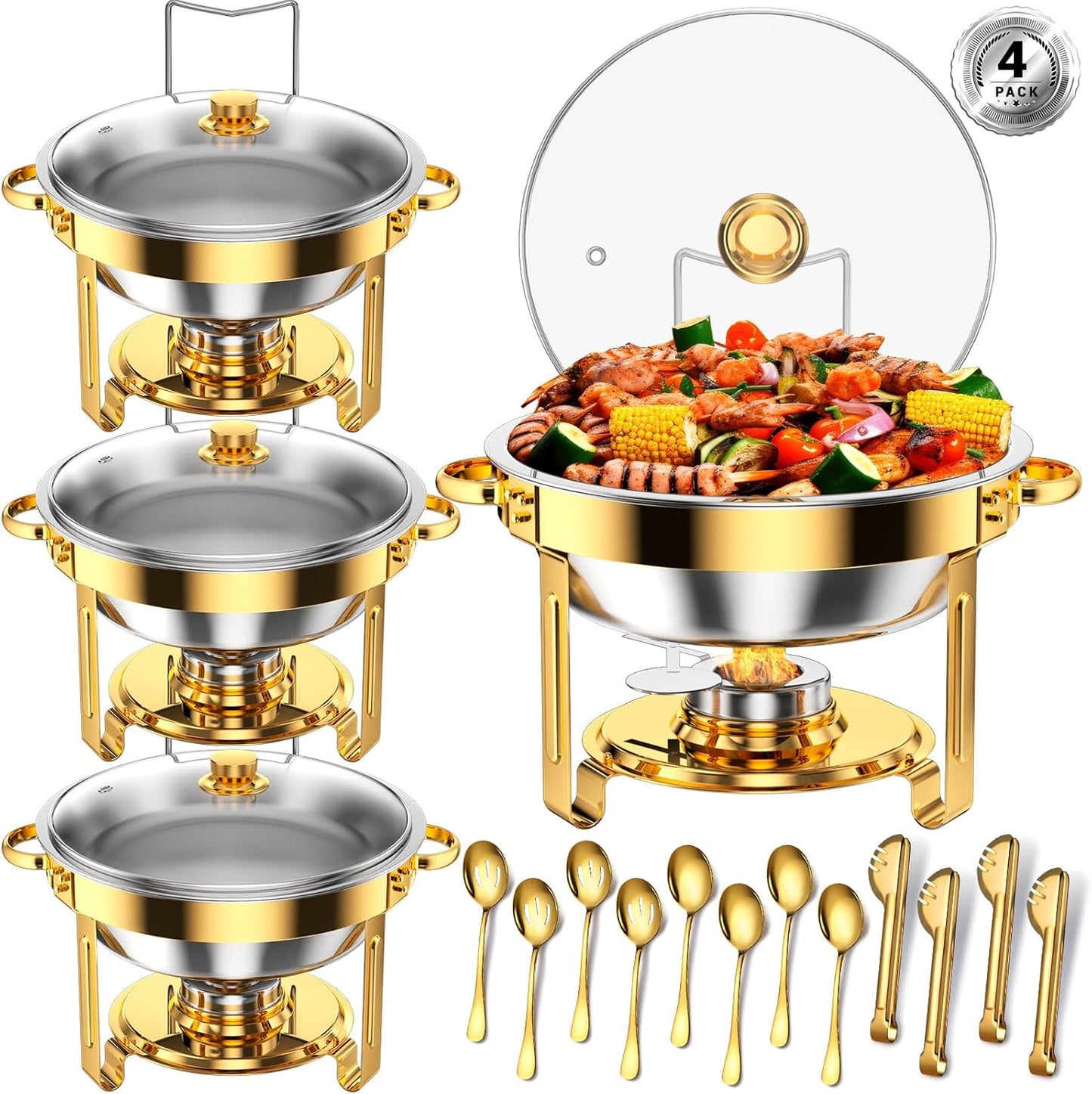 Round Chafing Dishes for Buffet 5 Qt,High Grade Chafing Dish Buffet Set, Full Size Pan,Rolled-Edge Design Food Warmers for Parties,Buffet,Wedding,Birthday,Camping 4 PACK (Gold-Glass)
