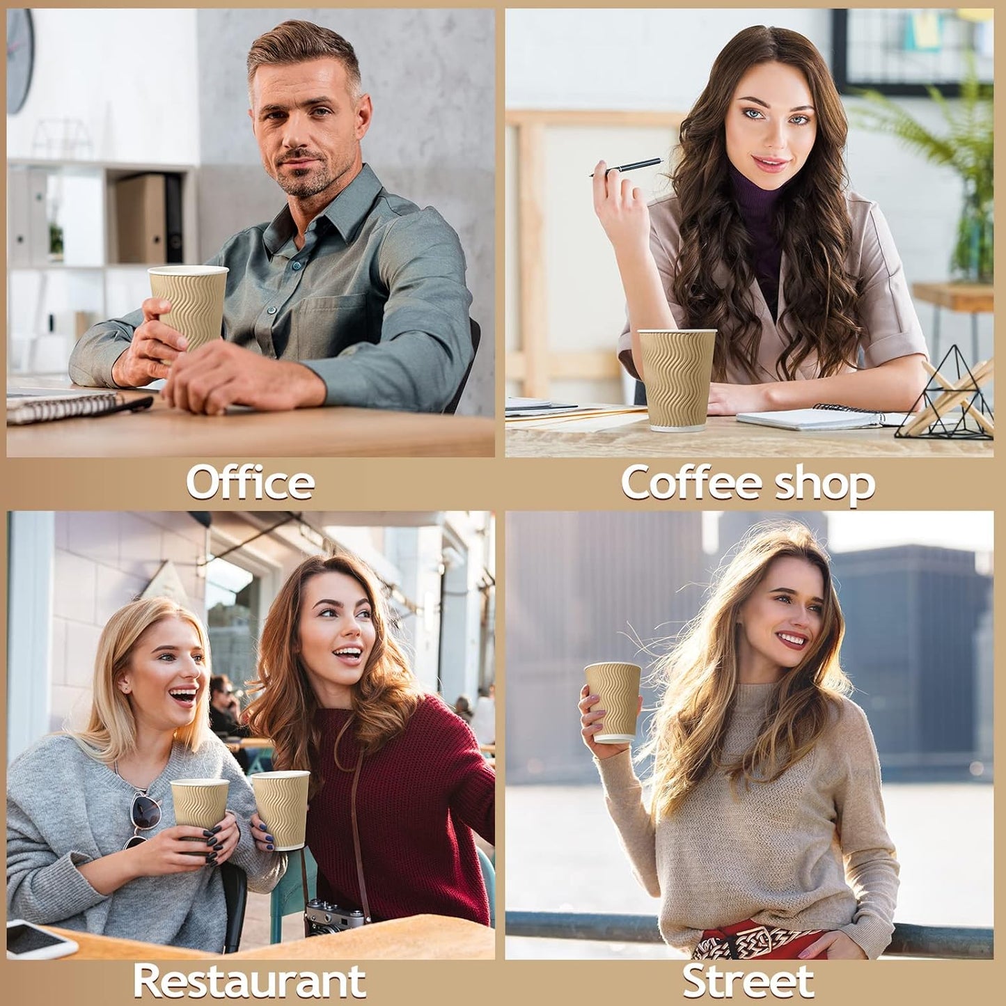 Foaincore 250 Pack 12 oz Paper Cups Bulk Disposable Ripple Insulated Ripple Wall Paper Coffee Kraft Hot Beverage Coffee Cups for Hot Beverage Cold Drinks Party