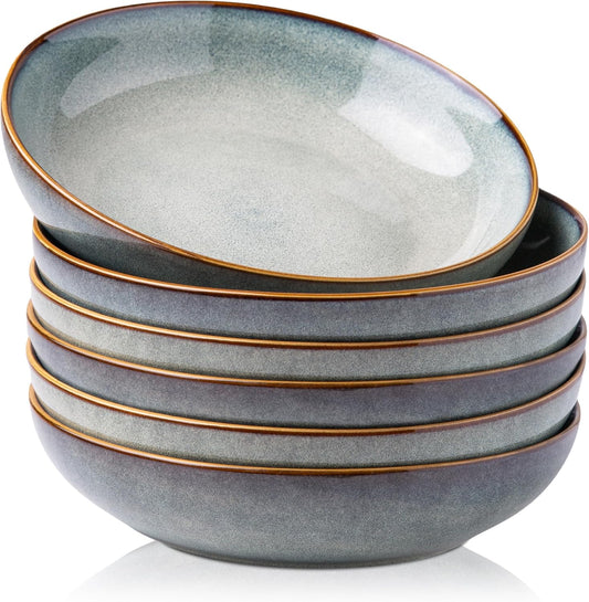 AmorArc 8.5'' Large Pasta Bowls, 36oz Ceramic Pasta Serving Bowls Set of 6 for Kitchen, Wide Bowls for Pasta,Salad,Oatmeal, Microwave Safe, Ocean Blue
