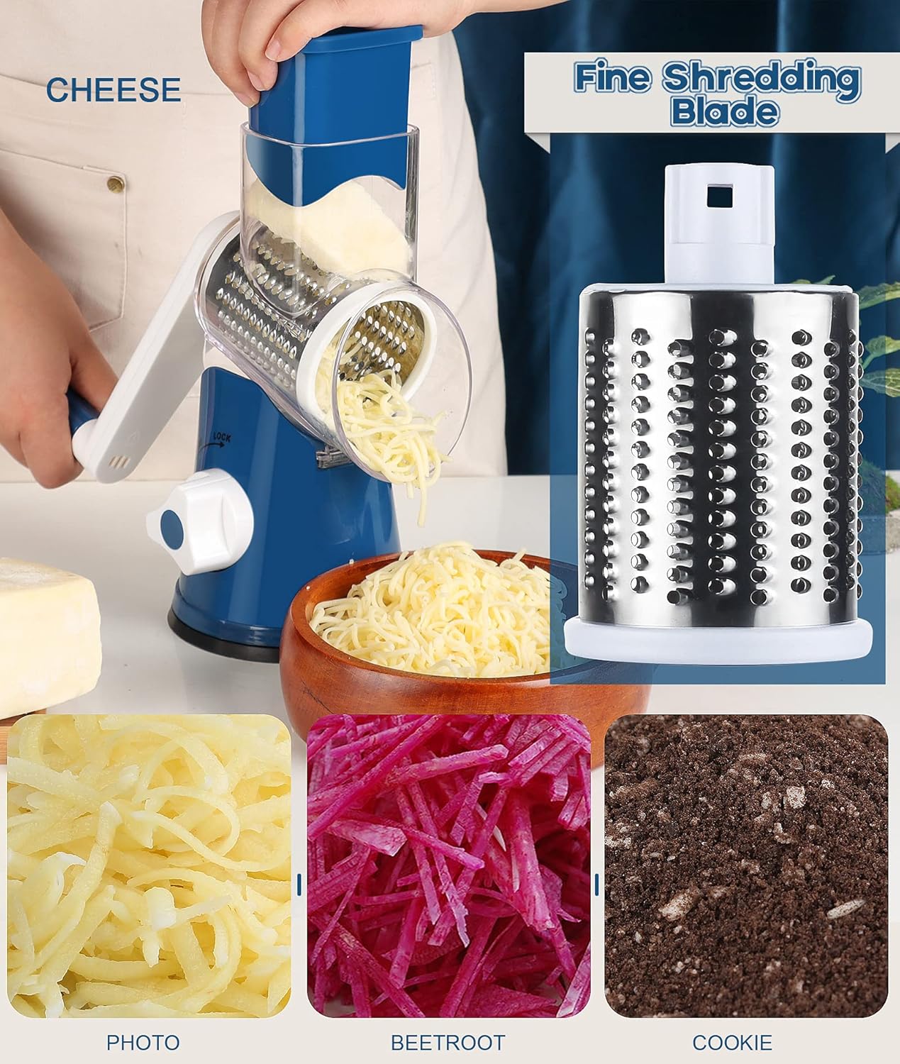 Ourokhome Rotary Cheese Grater Hand Crank, Kitchen Shredder Speed Mandolin Slicer Nut Grinder with Handle and Drum Blades for Cheese, Vegetable, Walnut, Chocolate, Potato, Carrot, 3 Blades, Dark Blue