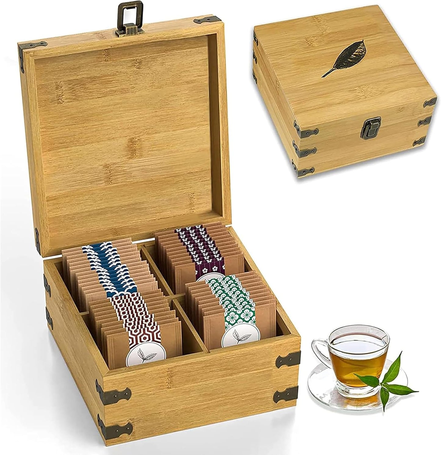 Bamboo Tea Organizer Box Chemical Free Eco-Friendly Big, Tall, Adjustable Cubbies Natural Wooden Storage Chest (4-Slot Square 7.4" x 8.1" x 4.2" with Tea Leaf Design)