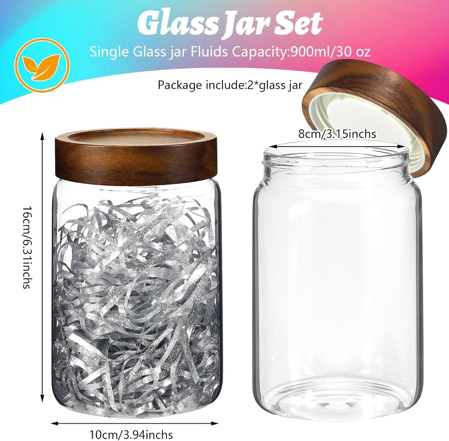 Glass Spice Jar Coffee Sugar Container Airtight Glass Jar Food Storage Canisters Bottle for Kitchen Seasoning Tea Herb Overnight Oats Bar Parfait Snacks (900ml/30oz-2 Pcs)