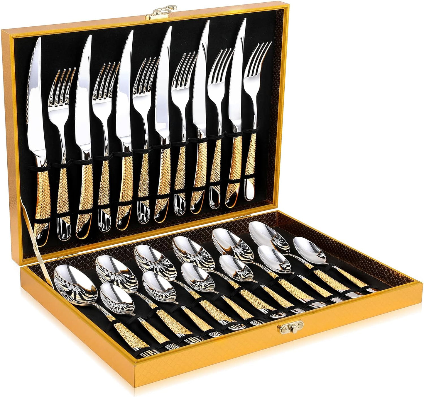 Hammered Silver Gold Silverware Set, OGORI 24-Piece 18/10 Stainless Steel Flatware Set, Service of 6
