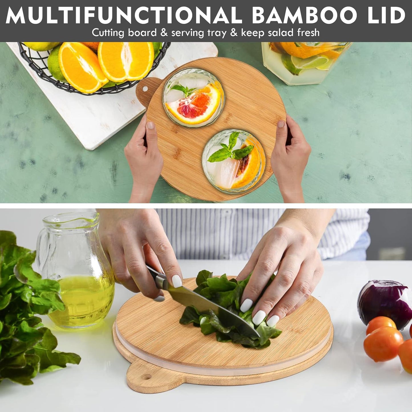 ShineMe Large Salad Bowl with Lid, 9.8inches White Salad Serving Bowl Set with Utensils, Bamboo Wooden Salad Bowl with Multifunctional Lid with Handle and Silicone Seal Ring