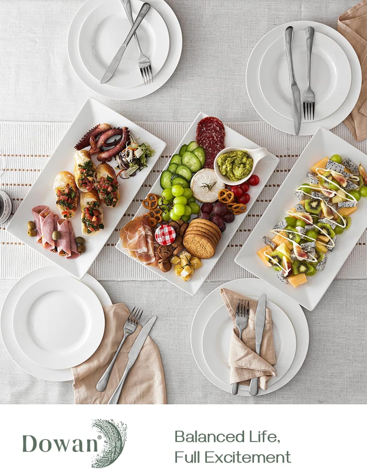 DOWAN 14" Serving Trays, Serving Platters, Ceramic Serving Platters and Trays, Rectangle Plates, Set of 3, for Weddings, Parties, Oven, Microwave, Dishwasher, Heat Resistant, Easy to Clean, White